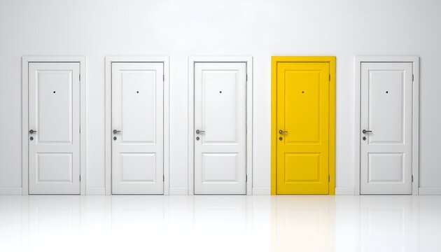 Yellow door highlighted among white doors representing decision making, leadership, and choosing a different path.