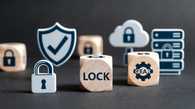 Lock and gear symbols signify strong data security and cloud protection.