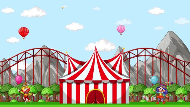 Animated Cartoon Amusement Park with Roller Coaster and Circus Tent