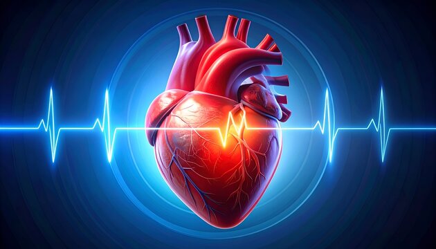 Human heart anatomy with glowing heartbeat line on a blue background representing cardiology, medicine, and heart health awareness.