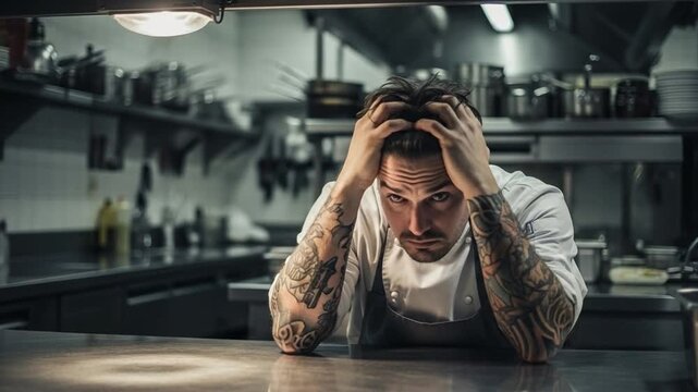 Stressed young male chef with tattoos looking overwhelmed and exhausted in a professional restaurant kitchen environment
