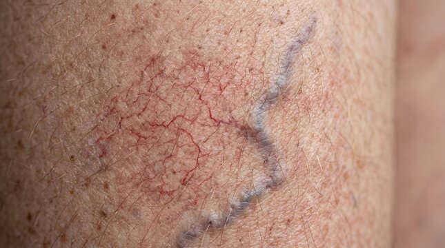 Close up of varicose veins on human leg skin with spider veins