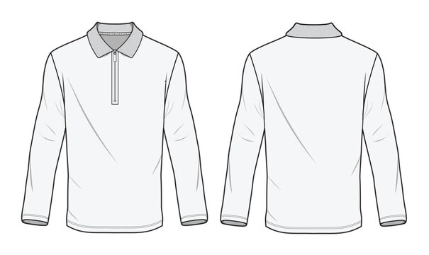 Man quarter zip long sleeve polo shirt technical flat drawing vector mockup illustration.