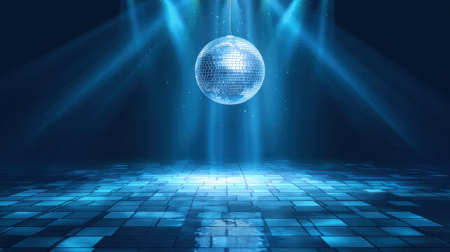 Vibrant blue disco background features shimmering disco ball suspended above reflective dance floor, illuminated by beams of light, creating energetic and festive atmosphere