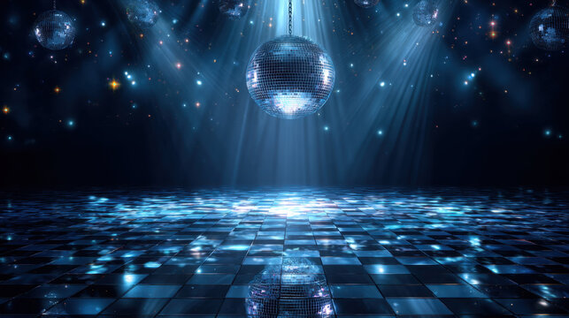 Vibrant blue disco background features reflective dance floor illuminated by shimmering lights and hanging disco balls, creating energetic and festive atmosphere