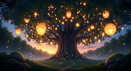 Fototapeta premium Magical tree with glowing lanterns at sunset in forest