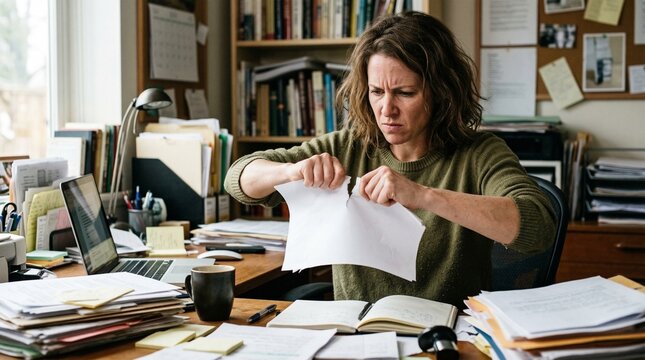 Frustrated Woman Tearing Paper in Cluttered Office