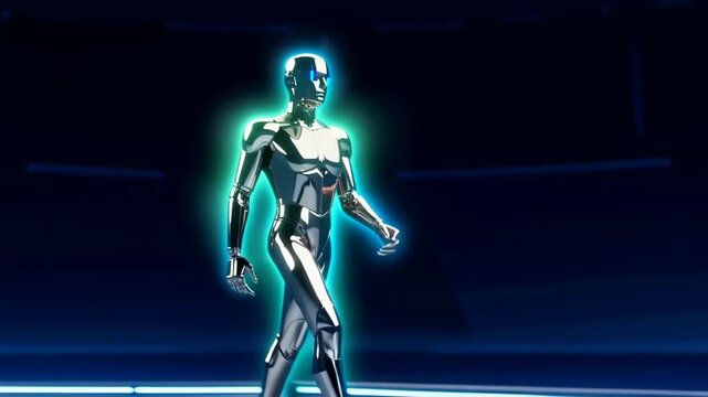 Chromed humanoid walking with pulsing neon aura shifting colors across dark stage, confident stride highlights reflective surfaces and multicolor halo effects during rhythmic promenade
