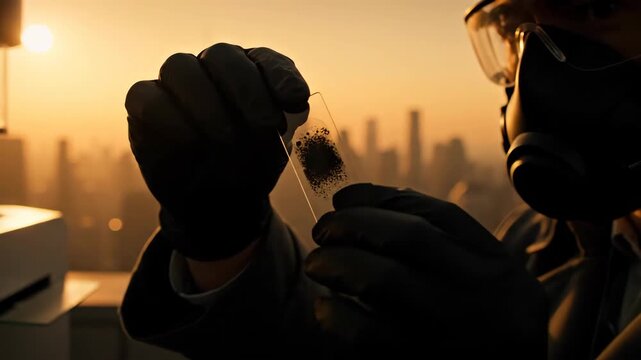 Scientist Wearing Protective Gear Analyzing On Rooftop Lab Amid City Skyline