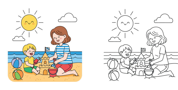 Cute cartoon mother and son building a sandcastle on the beach in summer vacation. Colorful and black and white line outline for coloring book page vector.
