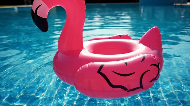 Playful pink flamingo floats and spins gracefully in sparkling pool waters