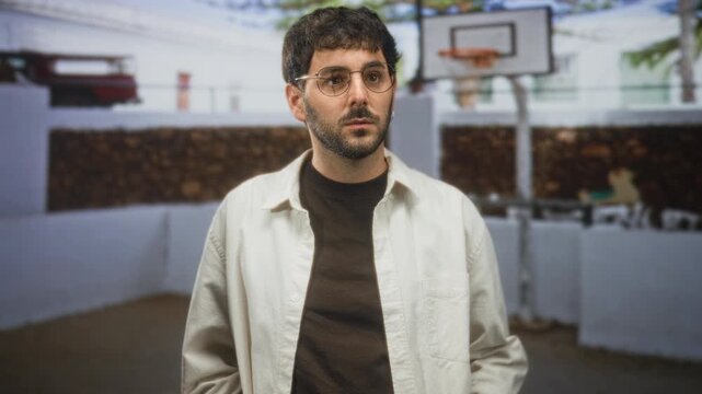 Man adjusts glasses by basketball hoop in building courtyard, bearded young man touches frame with fingers, mouth open, looking; thoughtful reflection.