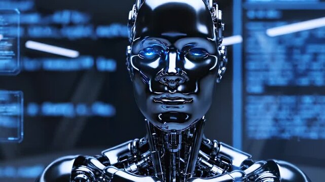 Robot operating with luminous visuals. Cuttingedge android managing floating hologram displays. Future technology interface featuring robot controlling bright holog Coin displays