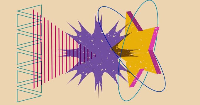 Colorful geometric shapes animation. Object in trendy riso graph design. Geometry elements abstract risograph texture style video.