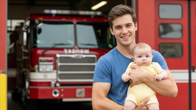 Happy young Caucasian man holding his infant baby in yellow clothes, smiling in front of a large red fire truck at a fire station.