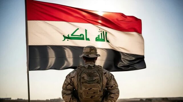 Soldier in camouflage uniform standing with back to camera, looking at a large Iraqi flag waving proudly against a bright, sunlit sky, symbolizing national pride and military service.