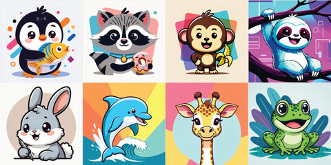 Fototapeta premium Cute Animal Cartoon Illustrations Collection with Penguin Raccoon Monkey and Frog Characters