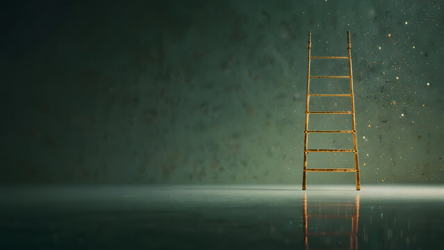 Simple wooden ladder stands against a dark textured wall with glowing particles. Career growth concept