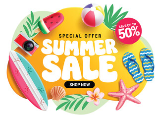 Summer Sale clipart background design. Summer Sale text in yellow abstract background clip art with tropical elements like surfboard, camera, popsicle, beach ball, flipflop and starfish for Summer 