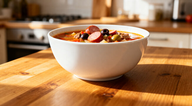 Classic meat solyanka soup with sausages, olives, and vegetables served in bowl on wooden table.