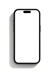 A sleek black smartphone with a blank white screen and dynamic island cutout, casting a shadow on a clean white background.