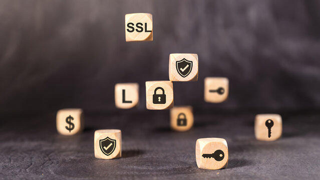 Blocks spelling "SSL" and security icons float, representing secure online communication.
