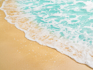 Obraz premium Summer background sea blue with sand beach at coast island scene mockup water nature travel vacation holidays tropical, mockup ocean ecosystem energy change environment, backdrop product cosmetic.