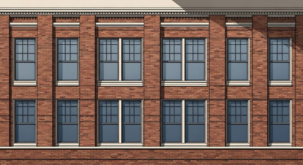 Obraz premium Exterior view of red brick building with multiple windows urban architecture facade.