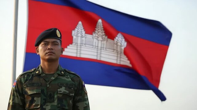 Cambodian soldier in camouflage uniform and black beret standing proudly in front of the national flag of Cambodia, representing patriotism and military service