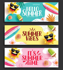 Obraz premium Summer greeting text abstract clipart banner set design. Hello Summer, Summer vibes and it's Summer time greeting in colorful abstract background clip art with sun character, surfboard and popsicle 