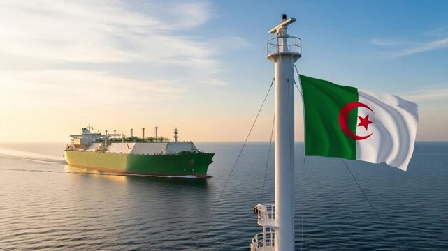 Algerian national flag waving on a ship's mast with a large green cargo vessel, likely an LNG tanker, sailing on the open sea under a bright sky.
