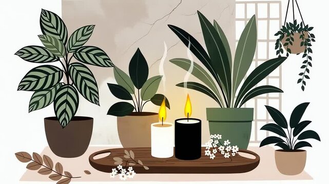 Indoor Plants and Candlelight - A Serene Home Decor Illustration.