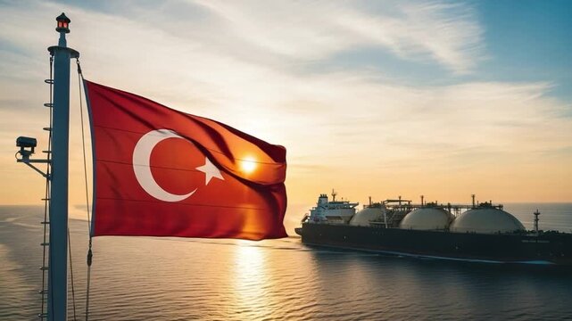 Turkish flag waving on a ship's mast with a large LNG carrier sailing on the open sea during a beautiful sunset, symbolizing maritime trade and energy transport.