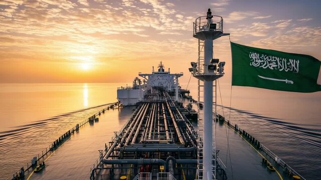 Saudi Arabian flag flying on a large tanker ship at sea during a beautiful golden sunset, symbolizing global oil trade and maritime transport.
