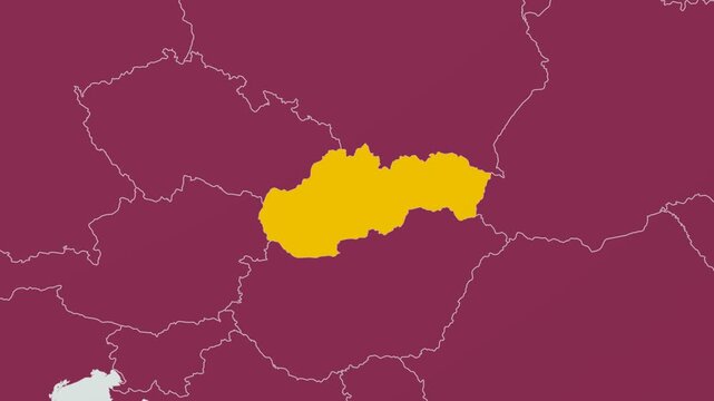 Slovakia map. Animated zoom into the country on the Globe in Pale Mint Dark Pink color palette. Country logo animation with round text and airplanes. Map with meridians, parallels. Beautiful video.