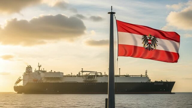 Austrian flag waving proudly on a flagpole with a large liquefied natural gas (LNG) tanker ship sailing on the sea at sunset, symbolizing energy trade and international relations