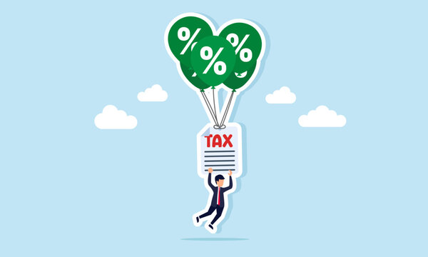 Businessman hanging on tax document connected to flying balloons with percent symbols illustration of tax amnesty concept for business finance relief and compliance