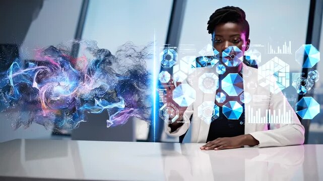 Black executive touches holographic data display, interpreting analytics and visual metrics in modern glass office white blazer professional uses immersive interface with glowing charts,