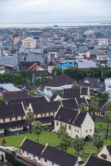 Aerial view of Fort Rotterdam, a historic colonial fortress and museum near Losari Beach in Makassar, South Sulawesi.  