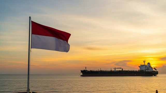 Indonesian flag waving on a flagpole against a dramatic sunset sky over the ocean, with a large cargo ship sailing peacefully in the distance.