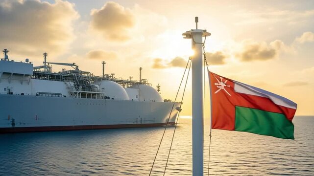 Oman national flag waving on a flagpole with a large Liquefied Natural Gas (LNG) tanker ship sailing on the open sea at sunset, symbolizing global energy trade.