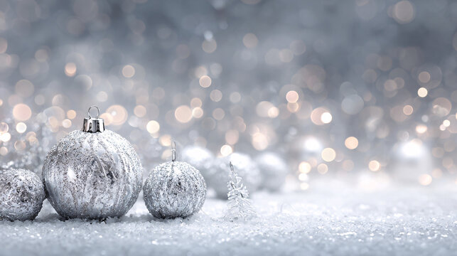 Sparkling Silver Ornaments on Snowy Background with Bokeh Lights