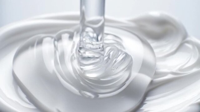 Clear liquid is poured onto a smooth white creamy substance