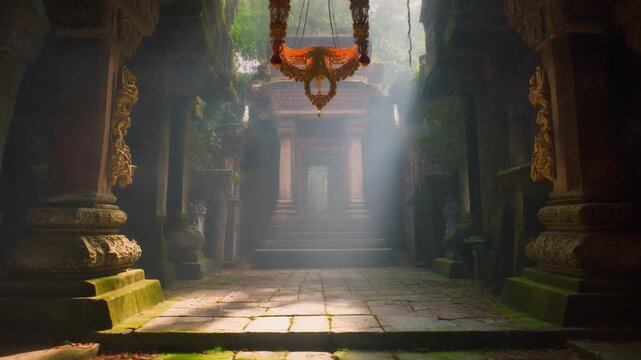 Ancient temple hallway with stone pillars and a staircase leading to a shaded entrance