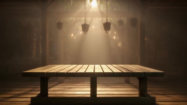 A wooden table stands alone in a dimly lit room with hanging lights.