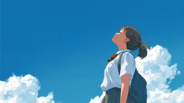 夏の背景素材に最適な青空と入道雲の下で目を閉じ風を感じる制服姿の女子学生のアニメ風イラスト