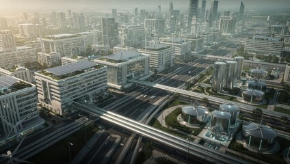 Green Hydrogen Carbon Capture concept. Aerial view of a futuristic city with highways and skyscrapers