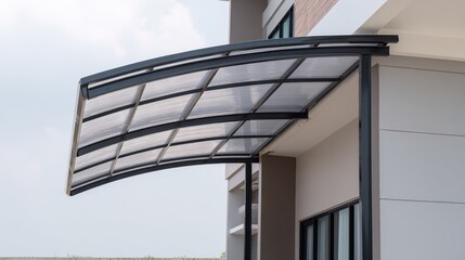 Obraz premium carport. Modern metal-framed carport with a translucent roof attached to a house. real-estate listings, architecture portfolios, designed for architectural facade and classical detail presentations.