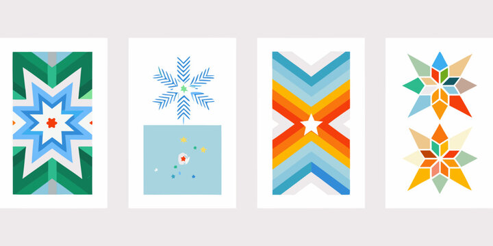 Four colorful geometric bookmark designs with star and chevron motifs