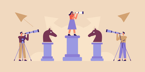 People observing with telescopes amidst chess piece shaped pillars © Arabinda